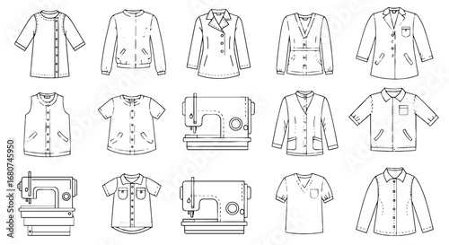 Clothing patterns and sewing machines in blueprint style. Fashion design, garment construction, diy, apparel, tailoring, hobby, creativity, sewing
