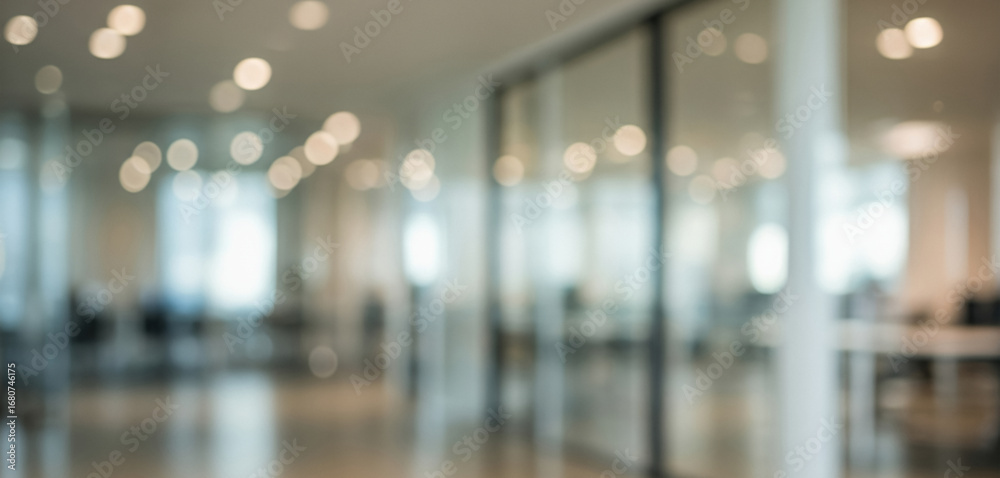 Fototapeta premium Blurred office space with glass partitions and lights overhead, suggesting a contemporary workplace that feels collaborative, bright, and professionally designed.