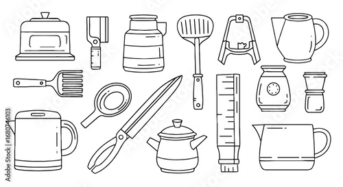 Kitchen tools set in line art. Cooking utensils, kitchenware, kitchen equipment, culinary, cooking, food preparation, gastronomy, home, chef