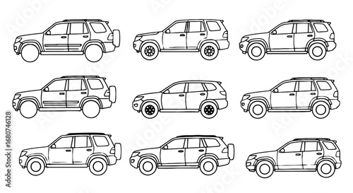 SUV car outlines shown. Automotive, vehicle, transport, off-road, family, sport, car, drive, design, model, illustration, auto