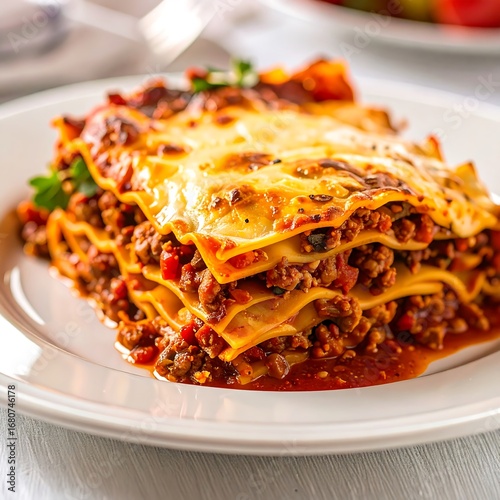 Aromatic layers of lasagna with rich meat sauce and melted cheese, presented on a white plate.