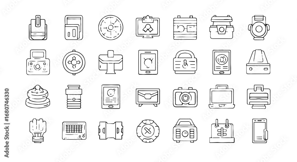 Collection of doodle-style icons. Vector illustration with simple lines. Mobile, security, technology, communication, graphic design, set Collection of doodle-style icons. Vector illustration with simple lines. Mobile, security, technology, communication, graphic design, set