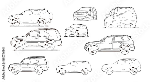 Various SUVs are sketched in black and white. Car models, sport utility vehicles, auto industry, design, automotive, off-road vehicles, transportation.