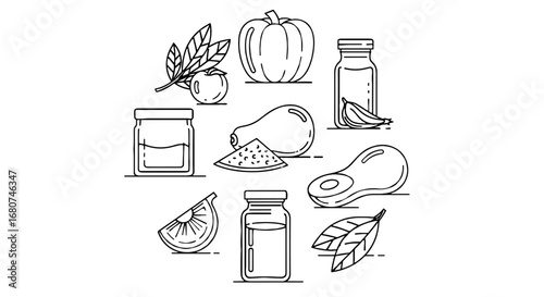 Fruits, vegetables, and jars of food illustrated. Healthy eating, cooking, organic food, produce, vegetarian diet, vegan, nutrition, wellness, raw