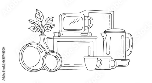 Outline illustration of kitchen items and plants. Still life, home decor, appliances, household, cooking, interior design, simple, clean, artistic.