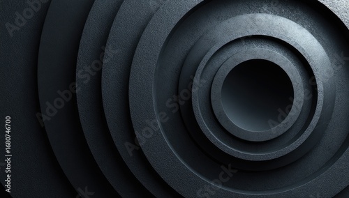 Abstract concentric circles of dark gray layered metal