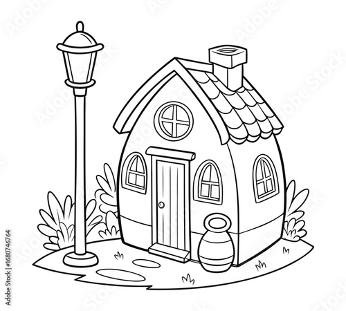 vector illustration of Cute Cartoon house with lamp coloring page for kids and adults