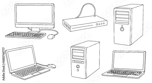 Computers, peripherals, and server, line art. Technology, devices, network, hardware, digital, workstation, connection, networking, computing, peripherals, office