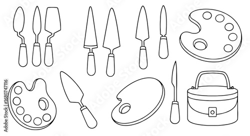 Artist tools outline, ready to be filled with color. Includes palette, knives and paintbox. Art supplies, illustration, painting, craft, creativity, supplies