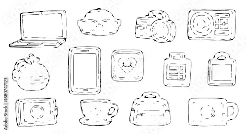 Assortment of digital devices and accessories. Technology, gadgets, electronics, communication, lifestyle, personal items, design, digital, icons