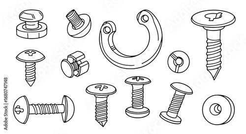 Various screws and fasteners in line drawing. Hardware, mechanical, construction, repair, industrial, engineering, tools, parts, equipment, industry.