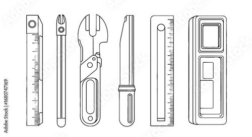 Multi tool instrument layout, black and white illustration. Engineering, mechanic, design, craft, construction, renovation