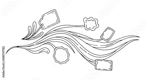 Tags float on wavy lines. Price labels, sale badges, decoration, tag, discount, price, labels, marketing, shop, blank, badges, business, card, design