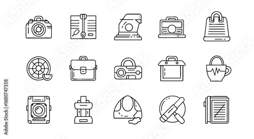 Icons showcase photography, tools, and crafting symbols. Creativity, tools, art, creation, design, studio, technology, hobby, instrument.