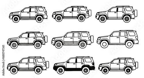 Line drawing shows nine SUVs, side view. Car designs, outline, vehicle, automobile, sport utility vehicle, transport, design, automotive, illustration, drawing