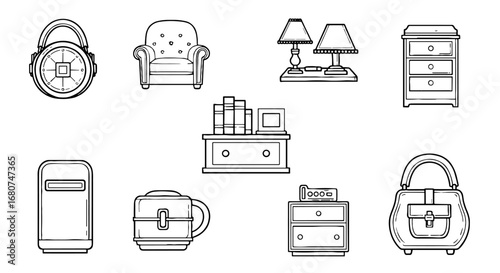Furniture icons on white. Outline drawings of home accessories, room elements. Interior design, decor, furnishings, furniture store, house, decoration, apartment.