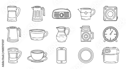 Collection of kitchen items outlined. Line art icons, tools, electronics, household, gadgets