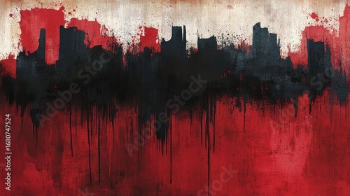 Abstract cityscape skyline drips red background
