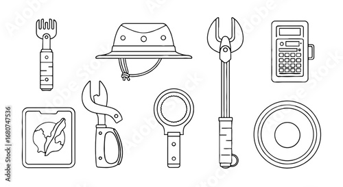 Archaeology expedition tools, equipment line drawing set. Exploration, safari, field, adventure, dig, science, investigation, artifact, historical, research.