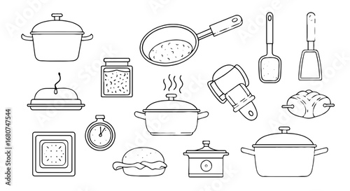 Kitchen items depicted in line art. Cooking utensils, cookware, food ingredients, preparation tools.