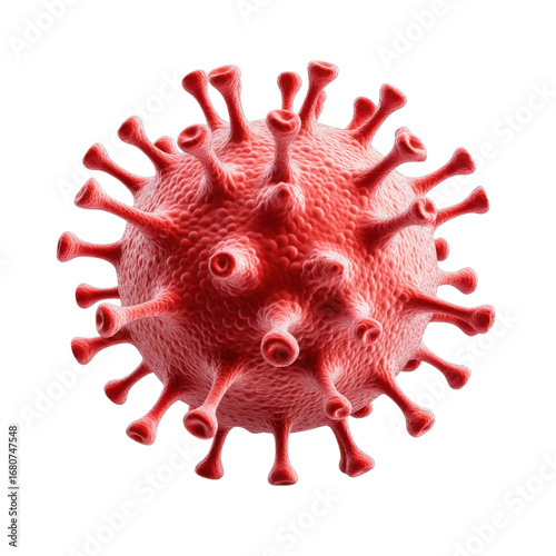 Detailed 3d rendering of a red coronavirus virion against a showcasing its structure and potential for scientific visualization on transparent background