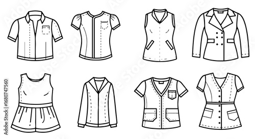 Fashion design sketches showing apparel options. Clothing, style, wardrobe, collection, design, fashion, apparel, illustration