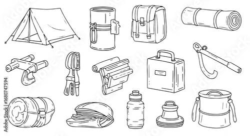 Camping gear and equipment icons. Outdoor adventure, wilderness expedition, travel, recreation, nature, tourism.