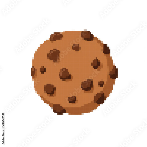 A charming pixel art chocolate chip cookie, perfectly rendered with a delightful retro aesthetic, offers a sweet and nostalgic treat for digital designs.