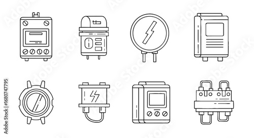 Set of electrical components and meters. Power, electricity, energy, equipment, panel, device, technology, instrument
