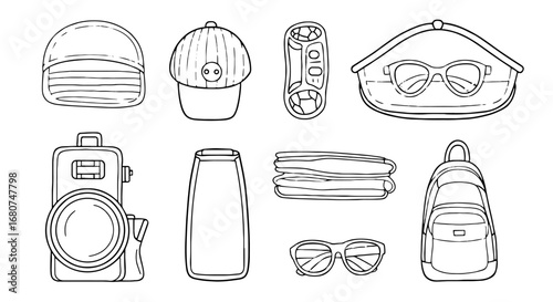 Sketch of travel items: camera, bottle, bag, sunglasses. Vacation packing list, trip essentials, tour gear, holiday outline