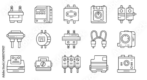 Assorted electrical components and devices icons. Circuits, engineering, electricity, electronics, technology, equipment, schematic, engineering.
