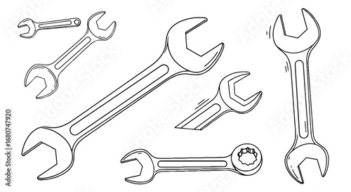 Wrenches of various sizes are shown. Tools, repair, maintenance, mechanical, construction, hardware, fix, diy, mechanic, garage, automotive, equipment