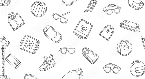 Hiking and travel gear pattern. Adventure, outdoors, equipment, recreation, nature, exploration, tourism, journey, leisure, lifestyle, active, discovery.