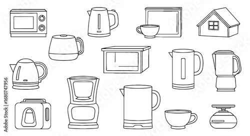 Outlined kitchen appliances illustration. Home electronics, cooking tools, domestic life, minimalism, housewares, culinary equipment.