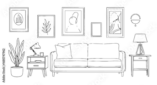 Living room with sofa, art, and plants. Interior design, home decor, furniture, modern, stylish, minimalist, apartment, cozy, comfort.