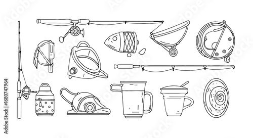 Fishing gear outline shows fishing rods, tackle, bait. Angling equipment, sport fishing, recreation, outdoor activity, fisherman supplies, hobby, illustration, line art
