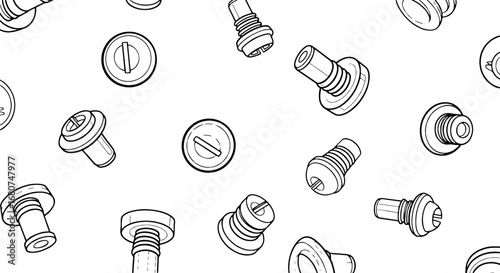 Scattered screws seamless pattern. Fasteners, equipment, tools, fix, hardware, connection, metal, precision, manufacturing, engineering, repair, industry, mechanical.