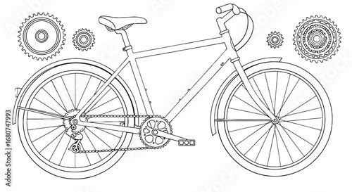 Bicycle with gears outlined. Active recreation, healthy lifestyle, eco-friendly transportation, city cycling, exercise, adventure, urban mobility.