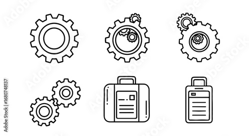 Set of mechanical gears, paired together. Conceptual suitcase icons for travel needs. Technology, engineering, innovation, industry, travel, briefcase, solutions, support.