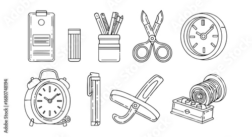 Collection of office stationery icons and items. Office supplies, tools, equipment, workspace, desk, creative, design, drawing, crafting, organization.