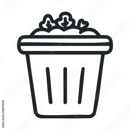 Simple black outline of a trash can filled with waste and debris. Vector illustration