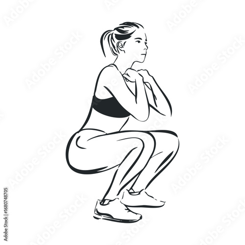 Fitness training on leg strength through squats exercise technique. Vector illustration