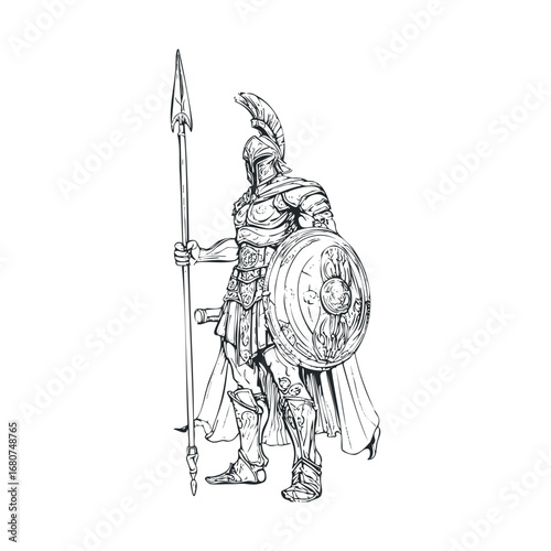 Ancient warrior with spear and shield in battle armor design for print. Vector illustration
