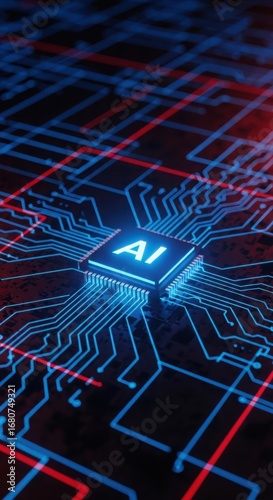 Glowing ai chip on a futuristic circuit board with blue and red lights