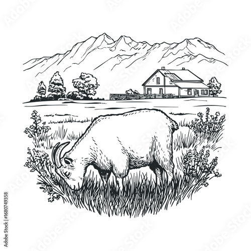 Grazing goat on farm with mountain backdrop in serene landscape. Vector illustration