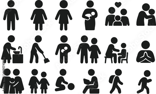 Diverse family life icons showing various stages of life, relationships and activities in black silhouettes
