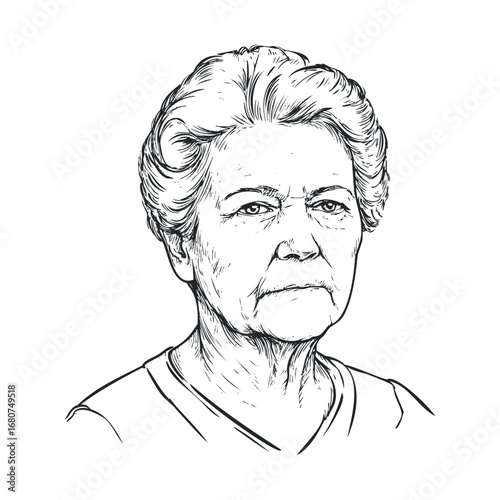 Portrait of a thoughtful elderly woman with strong character. Vector illustration