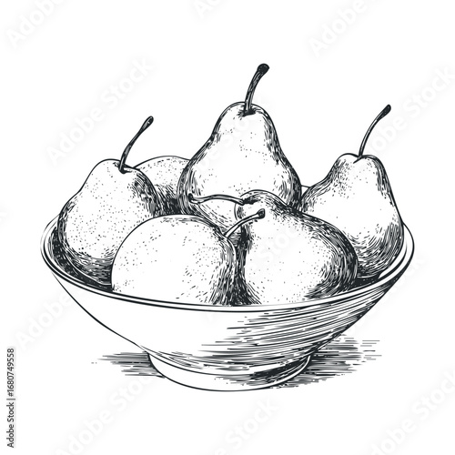 Bounty of ripe pears arranged in a decorative bowl for kitchen decor. Vector illustration