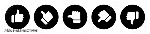 Like, dislike, neutral, thumbs up, thumbs down, thumbs middle hand gestures, Rating and feedback satisfied, unsatisfied, neutral survey icons set in black color, vector illustration.