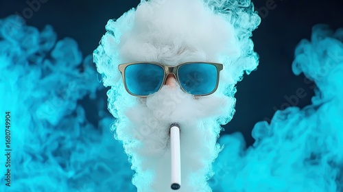Abstract portrait created with vapor and sunglasses, set against a dramatic blue smoke background. The image uses vibrant blue and white colors and